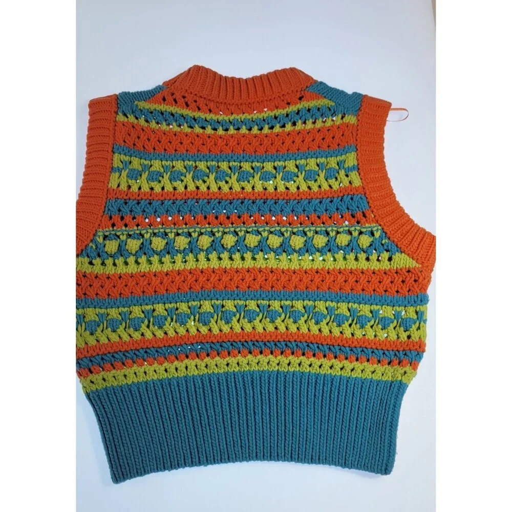 ZARA WOMEN COLORBLOCK VEST TEXTURI SZ MEDIUM COLOR ORANGE/GREEN CROPED - Picture 5 of 10